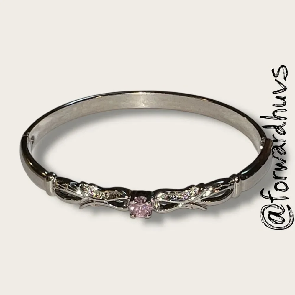 Silver-Plated Hinged Bracelet – Pink Cubic Zirconia - Ornate Center Pattern